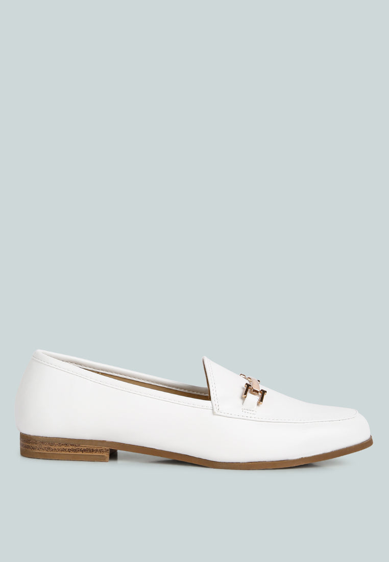 Zaara faux-suede loafers in White, side view with gold-tone metal bit