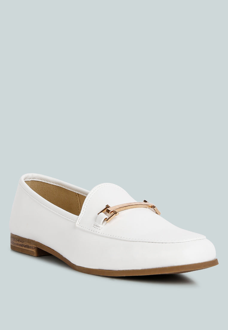 Zaara faux-suede loafers in White, low-heel side view with metal bit closure
