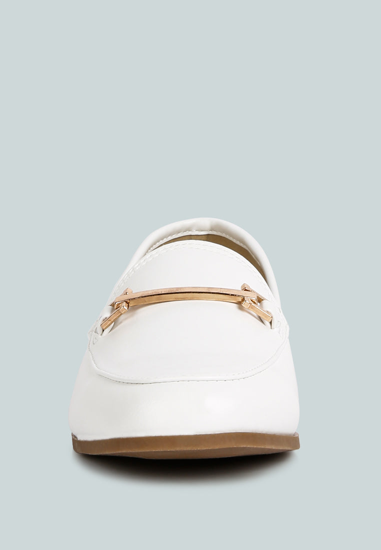 Zaara faux-suede loafers in White, front view with gold-tone metal bar and rounded toe