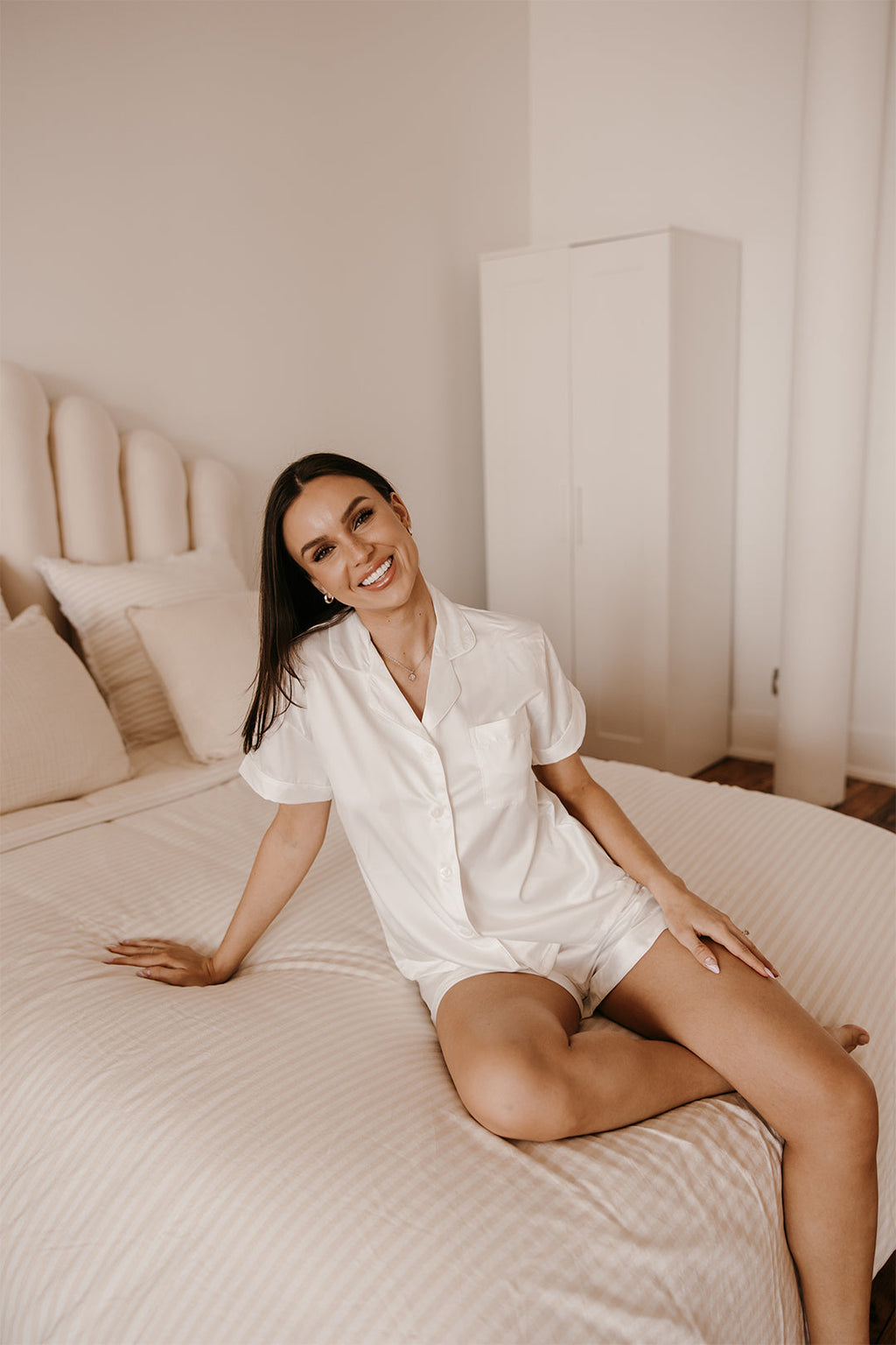 White with White Trim Satin Pajamas - Tigbul's Variety Fashion Shop
