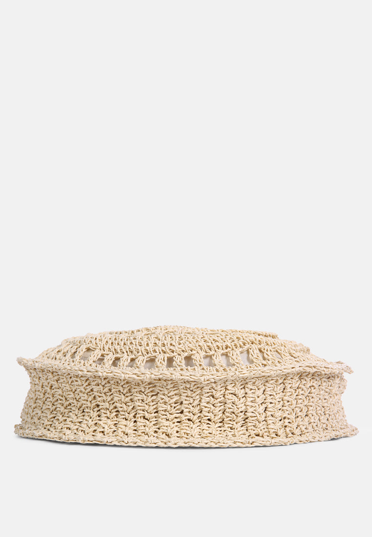 Beige handmade paper crochet round bag base with woven mesh texture