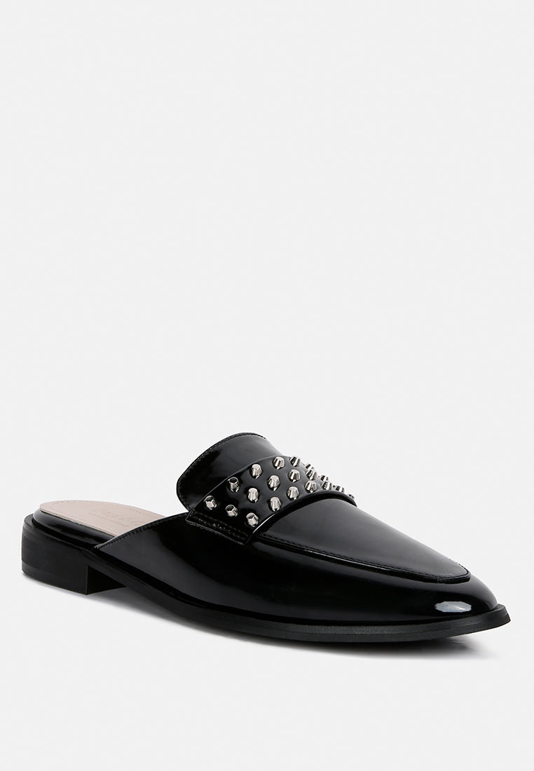 Black patent flat mule with studbed strap detail, open slide style