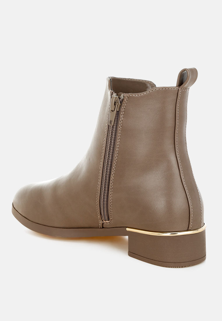 Taupe ankle boots with side zipper and metal trim along the heel