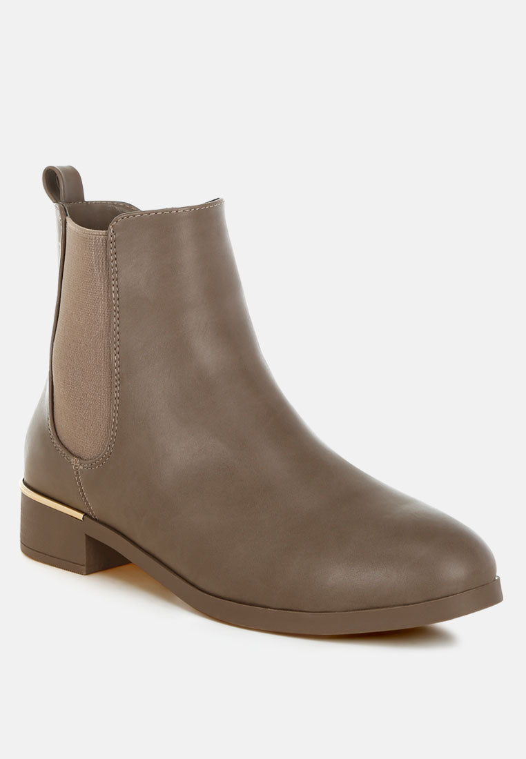 Taupe ankle boots with elastic side panels and short block heel