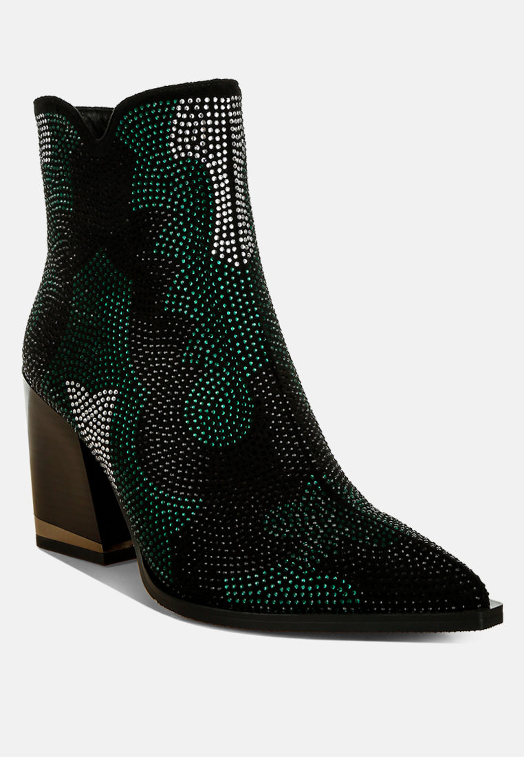 Zarka Rhinestones Embellished Block Heel Boots By RAG