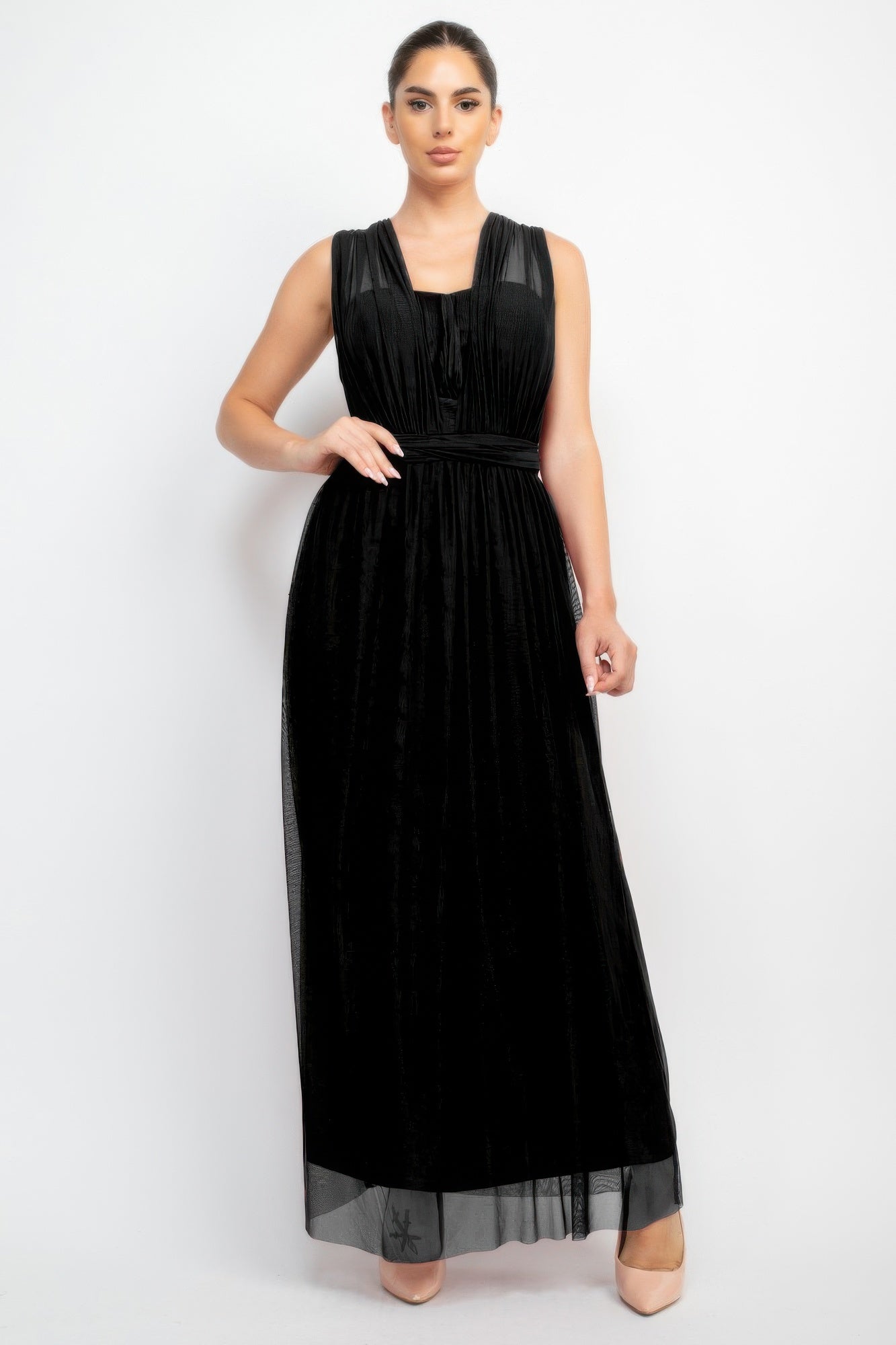 A-line mesh maxi dress in dark black, square neckline, pleated waist