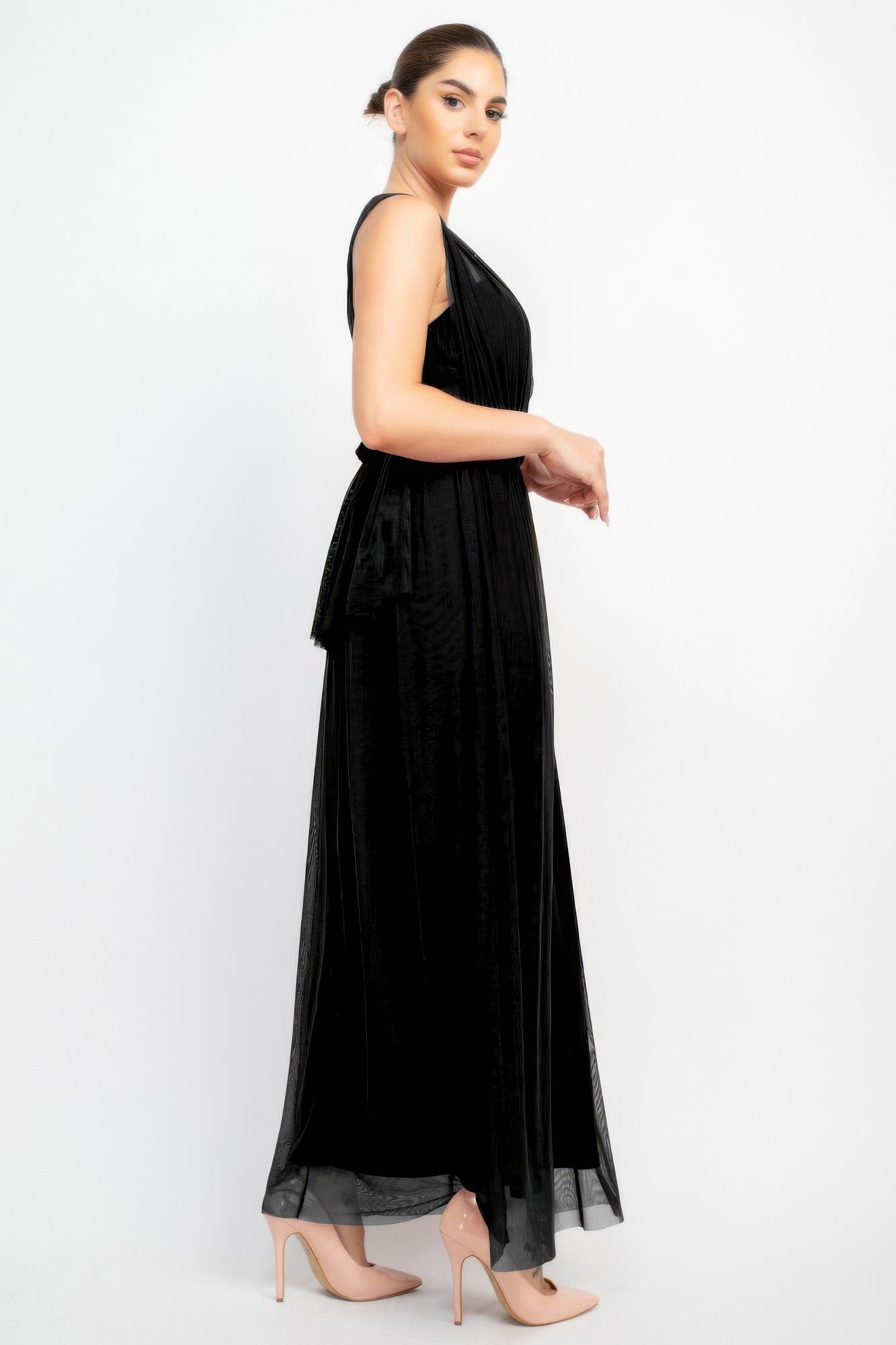 A-line mesh maxi dress with convertible straps, sleeveless side view, black