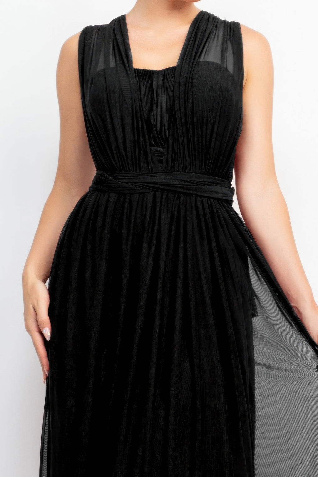 Close-up of black mesh bodice and square neckline, gathered waist maxi dress
