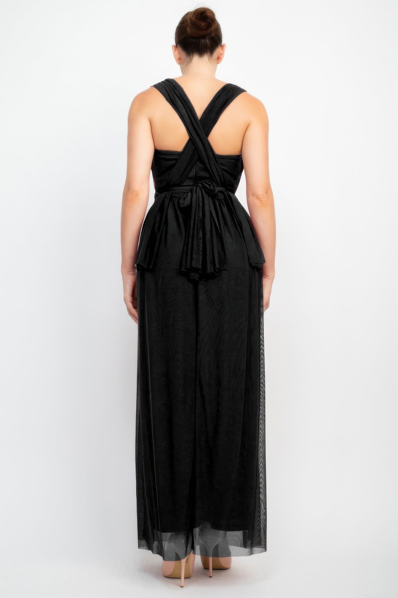 Back view: black mesh convertible maxi dress with crisscross straps and tie