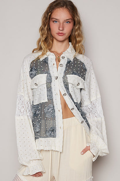 POL Eyelet Flower Pearl Detail Lace Patchwork Shirt - Tigbul's Variety Fashion Shop