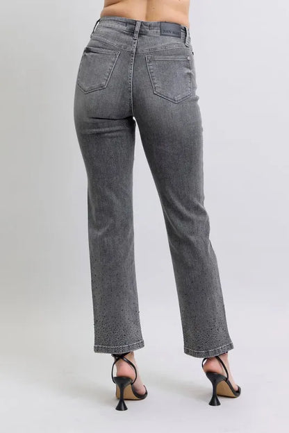 Judy Blue Full Size High Waist Rhinestone Straight Jeans Plus Size - Tigbul's Variety Fashion Shop