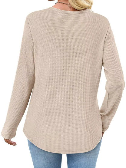 Waffle Knit Long Sleeve Pocket T-Shirt - Tigbul's Variety Fashion Shop