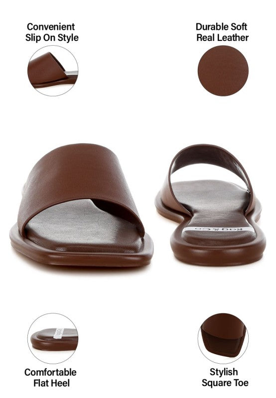 Brown leather slide sandal, square toe, flat cushioned heel