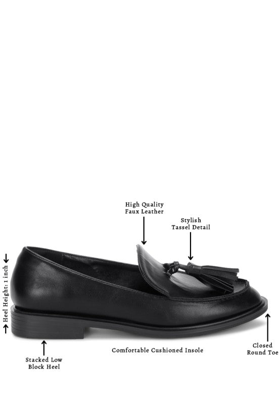 Black tassel detail loafer with closed round toe and cushioned insole