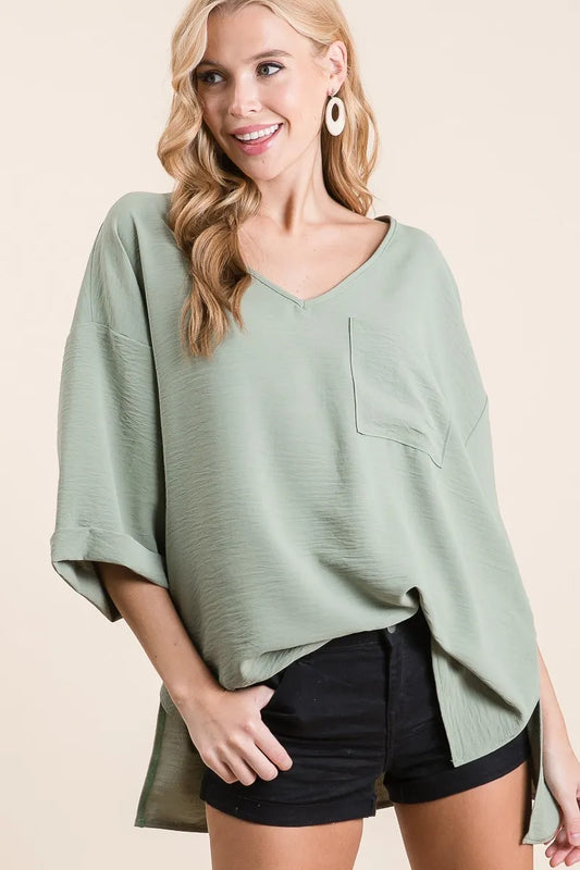 BiBi Flowy Woven V-Neck Top with Rolled Up Cuffs - Tigbul's Variety Fashion Shop