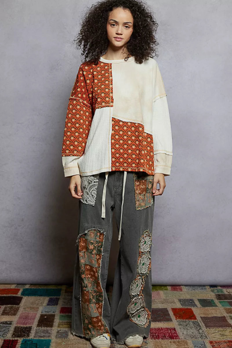 POL Contrast Patchwork Round Neck Long Sleeve Top - Tigbul's Variety Fashion Shop