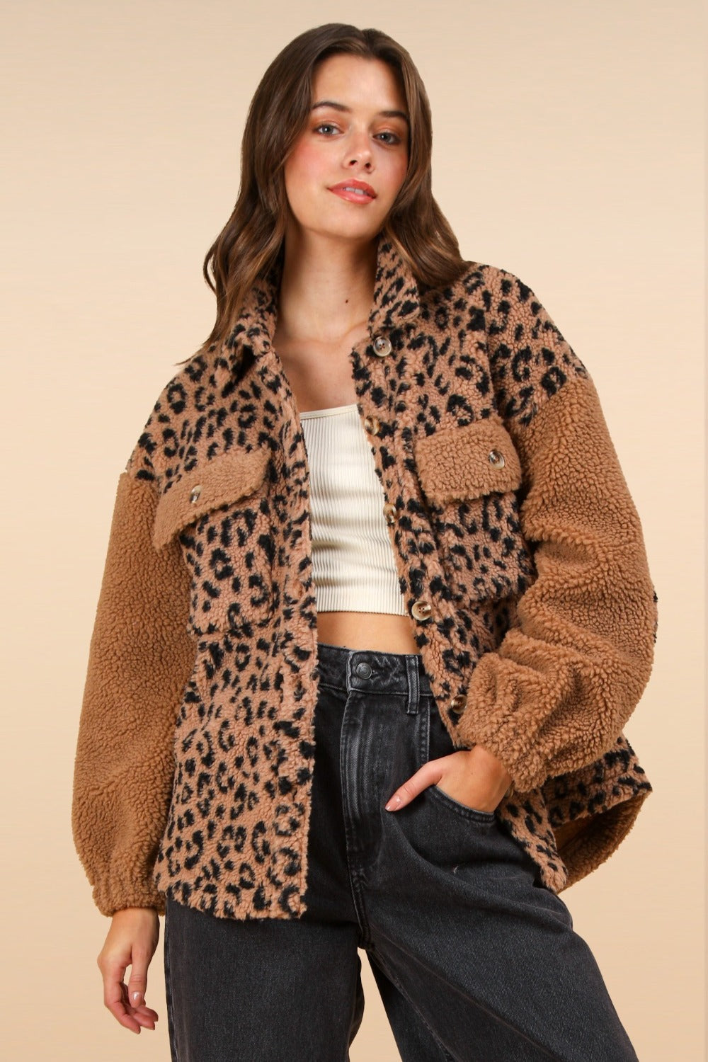 VERY J Fuzzy Leopard Button Down Long Sleeve Jacket - Tigbul's Variety Fashion Shop