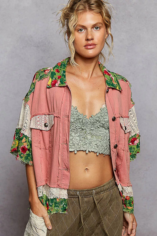 POL Lace Patch Floral Half Sleeve Shacket - Tigbul's Variety Fashion Shop