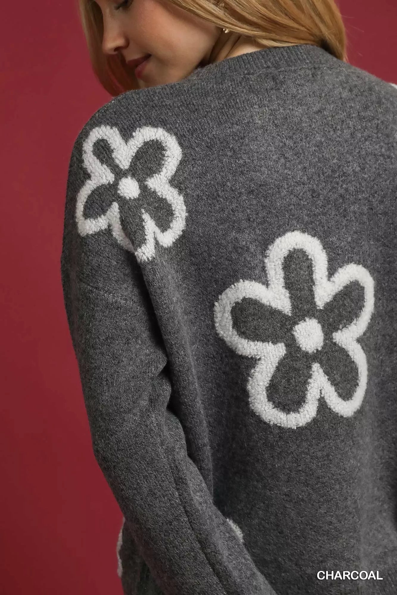 Umgee Round Neck Sweater with Pink Floral Accents - Tigbul's Variety Fashion Shop