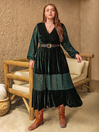 Plus Size Lace Patchwork V-Neck Balloon Sleeve Midi Dress - Tigbul's Variety Fashion Shop