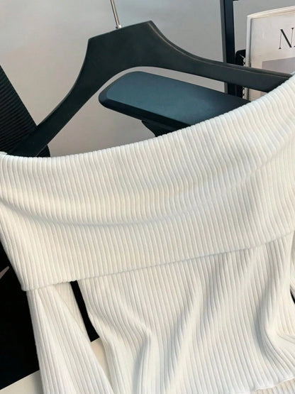 Off-Shoulder Bowknot Ribbed Knit T-Shirt - Tigbul's Variety Fashion Shop