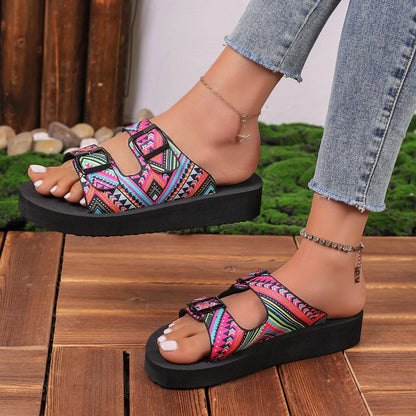 Ethnic Print Double Buckle Sandals - Tigbul's Variety Fashion Shop