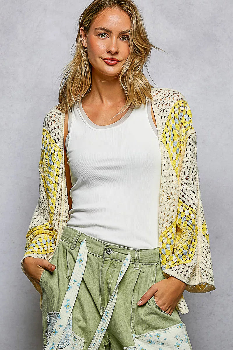 POL Open Front Crochet Cardigan with Granny Square Pattern - Tigbul's Variety Fashion Shop