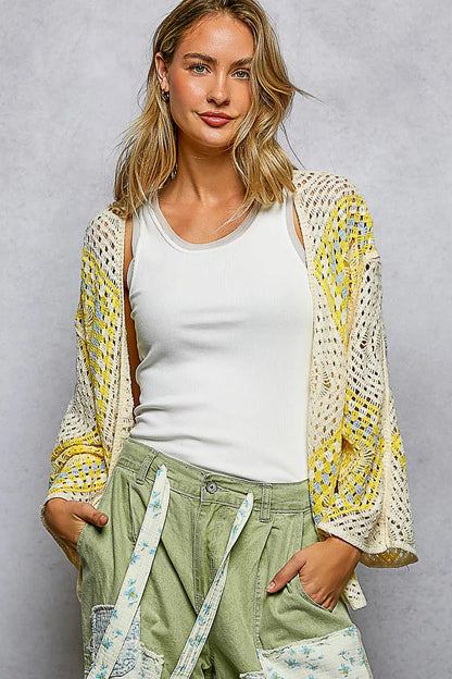 POL Open Front Crochet Cardigan with Granny Square Pattern - Tigbul's Variety Fashion Shop