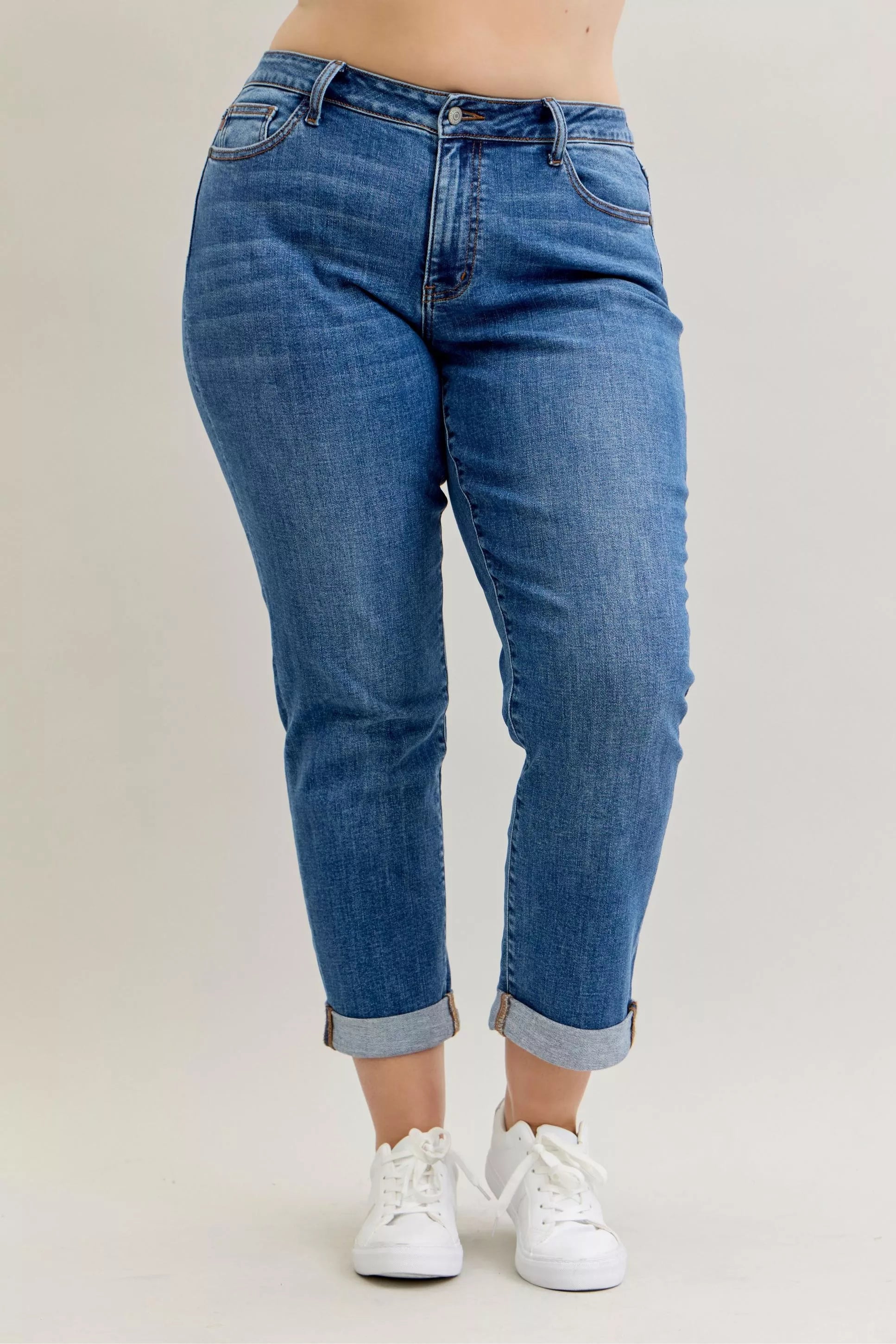 Judy Blue Full Size Mid Rise BF Classic Cuffed Jeans Plus Size - Tigbul's Variety Fashion Shop