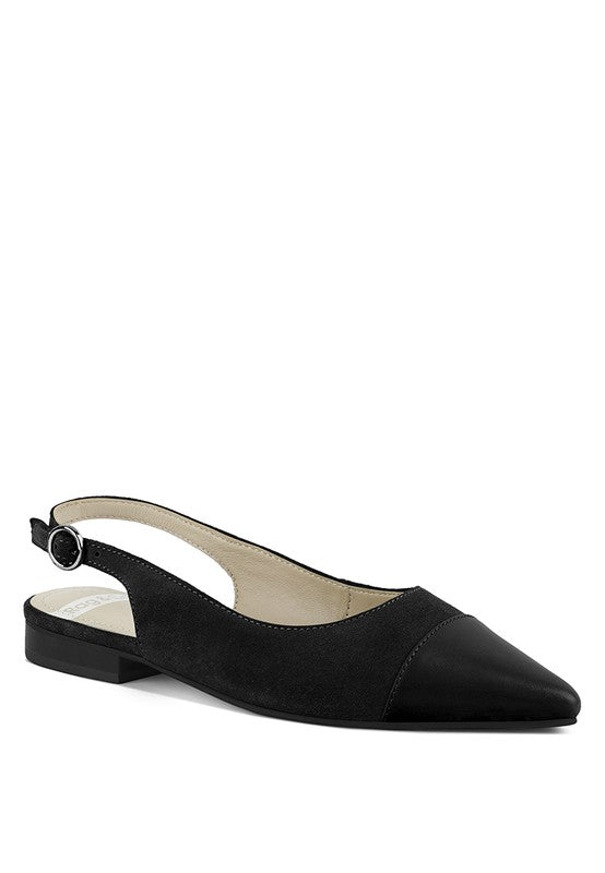 Black suede slingback flats with adjustable strap, pointed toe and low block heel
