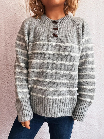 Striped Button Detail Long Sleeve Sweater - Tigbul's Variety Fashion Shop