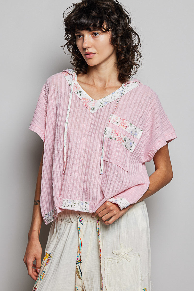 Soft Pink hooded short-sleeve top with front pocket panel and drawstring