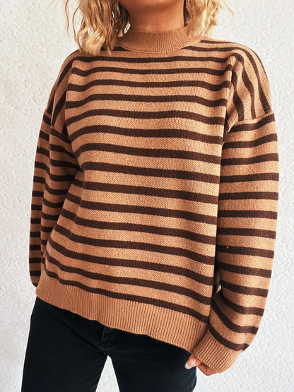 Striped Mock Neck Long Sleeve Sweater - Tigbul's Variety Fashion Shop