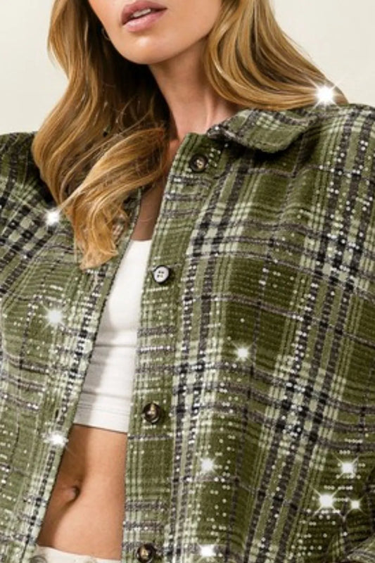 Allover Clear Sequins Vintage Plaid Jacket - Tigbul's Variety Fashion Shop