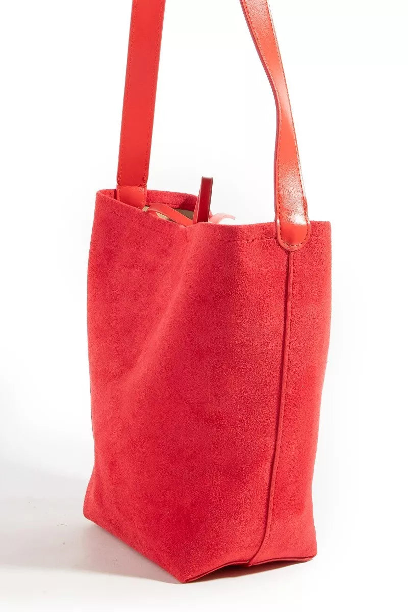 Bucket Pouch Faux Suede Medium Red Tote Bag - Tigbuls