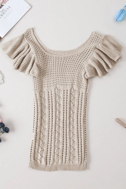 Openwork Ruffled Scoop Neck Knit Khaki Shirt Top - Tigbul's Variety Fashion Shop