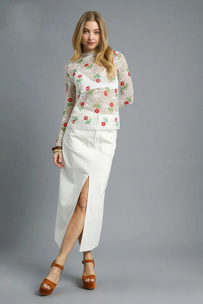 Umgee Floral Mock Neck Long Sleeve Sheer Top - Tigbul's Variety Fashion Shop