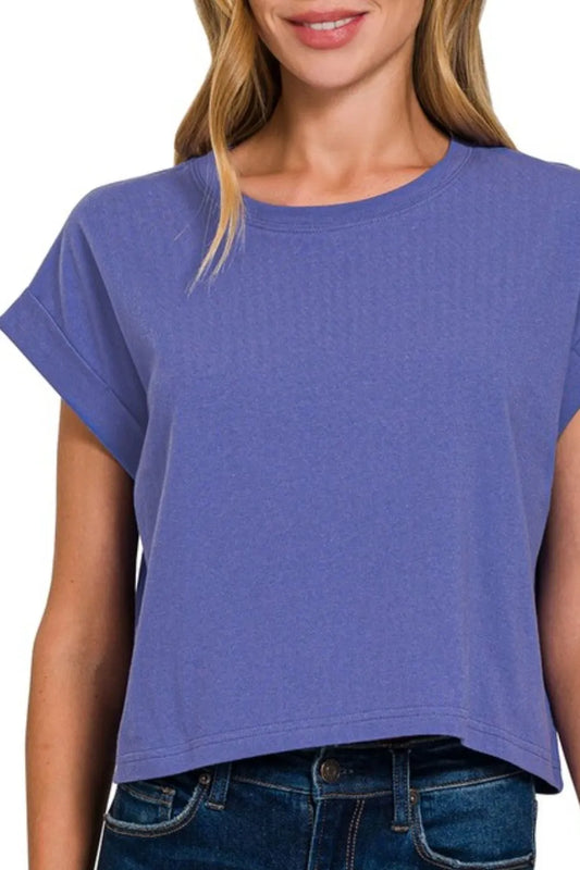 Zenana Cotton Folded Sleeve Top - Tigbul's Variety Fashion Shop