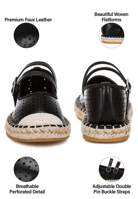 Black woven flat sandals with perforated detail and adjustable double pin buckle straps