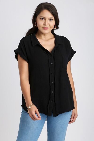 Black Frayed Hem Collared Neck Short Sleeve Shirt - Tigbul's Variety Fashion Shop