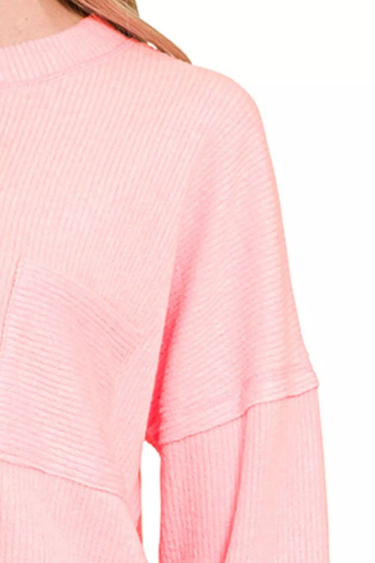 Zenana Ribbed Brushed Melange Hacci Sweater with Chest Pocket - Tigbul's Variety Fashion Shop