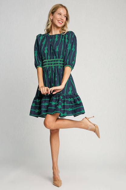 Umgee Ribbon Print Frill Contrast Velvet Trim Half Sleeve Dress - Tigbul's Variety Fashion Shop