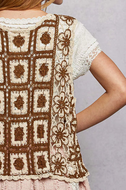 POL Tie Front Floral Pattern Crochet Vest with Scalloped Edge - Tigbul's Variety Fashion Shop