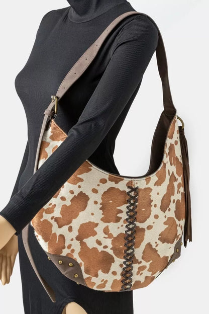 Fame Cow Print Hobo Shoulder Bag with Studded Details - Tigbul's Variety Fashion Shop