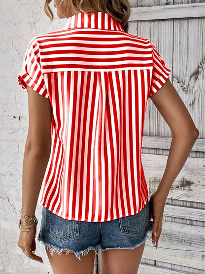 Striped Button-Up Short Sleeve Shirt with Pocket - Tigbul's Variety Fashion Shop