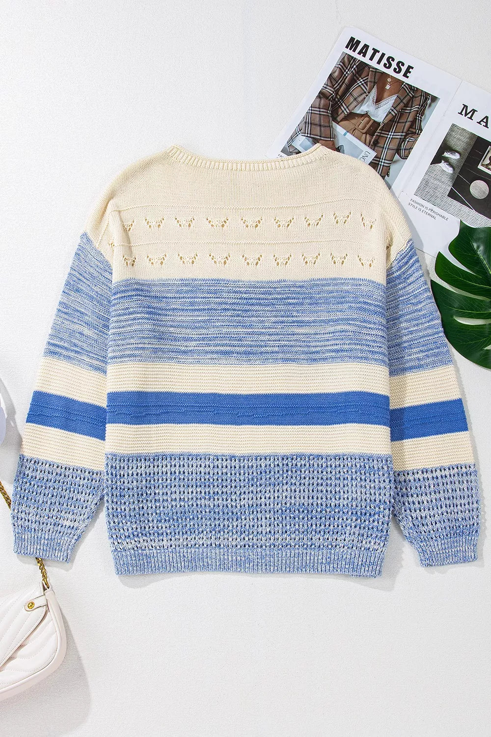 Openwork Striped Knit Long Sleeve Sweater - Tigbul's Variety Fashion Shop