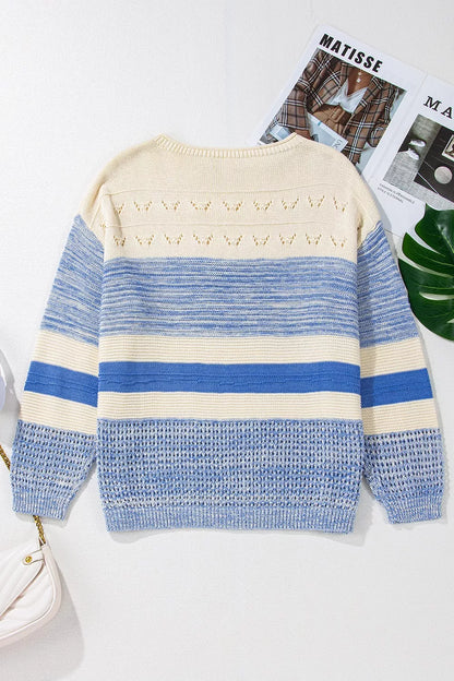 Openwork Striped Knit Long Sleeve Sweater - Tigbul's Variety Fashion Shop