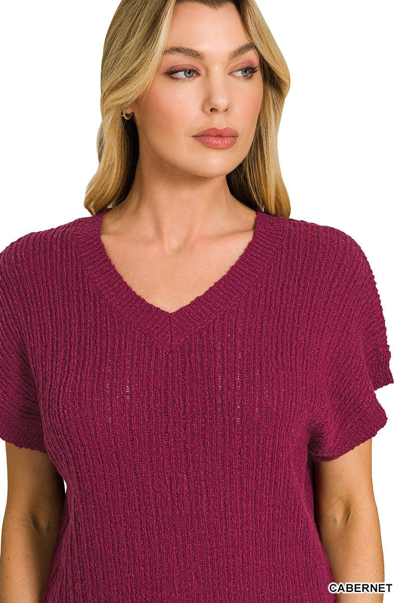 Zenana textured knit V-neck cropped sweater, CABERNET; ribbed neckline