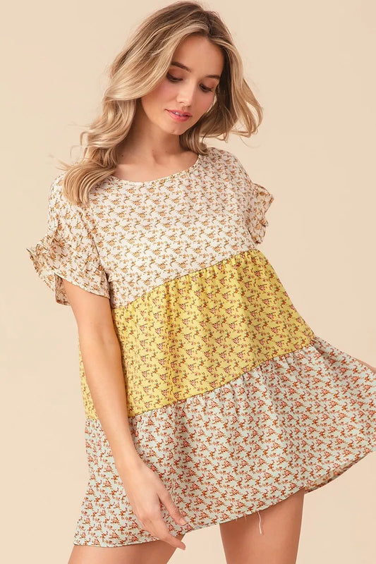 Floral Printed Woven Color Block and Tiered Top - Tigbul's Variety Fashion Shop