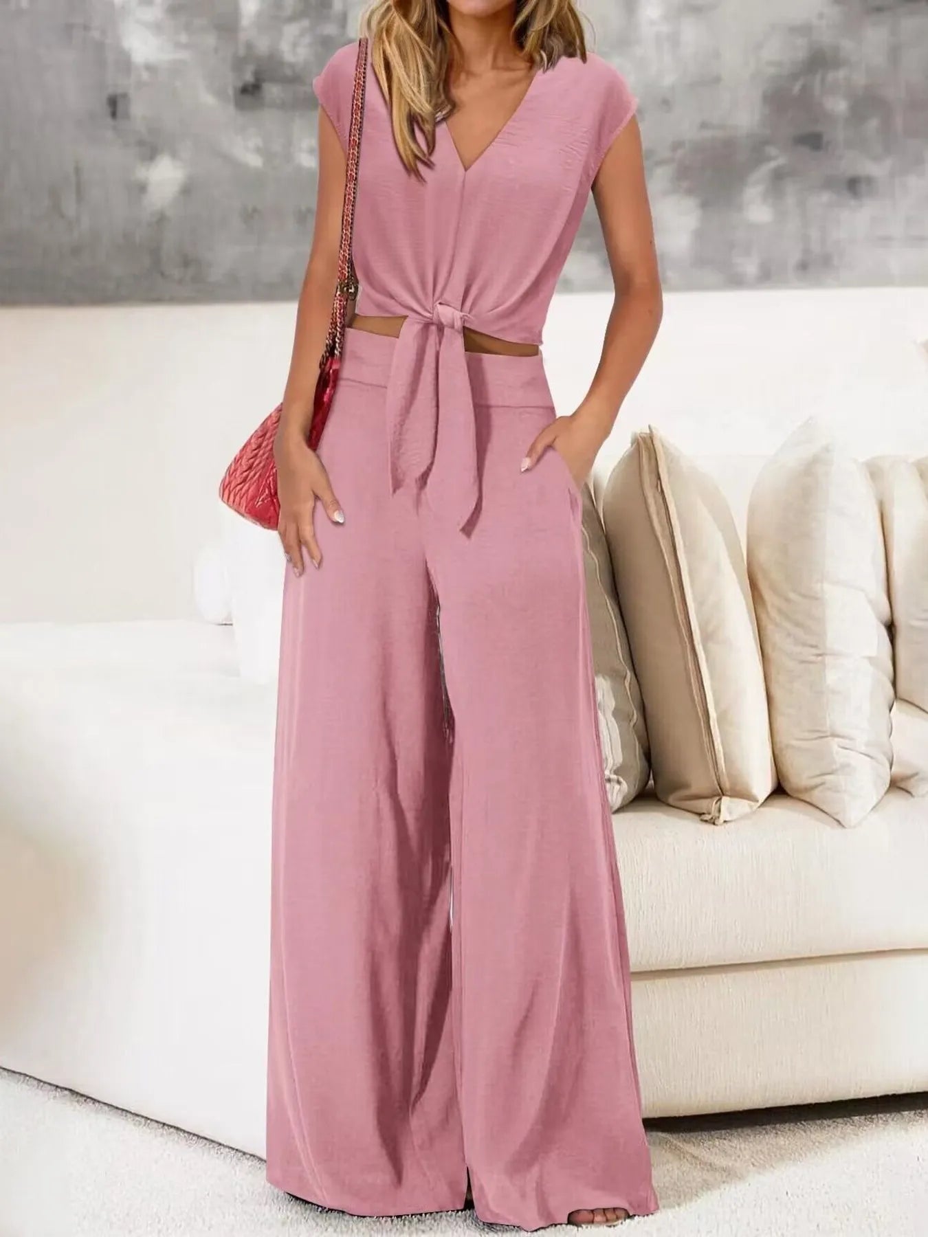 Tie Front Top and Wide Leg Pants Set - Tigbul's Variety Fashion Shop